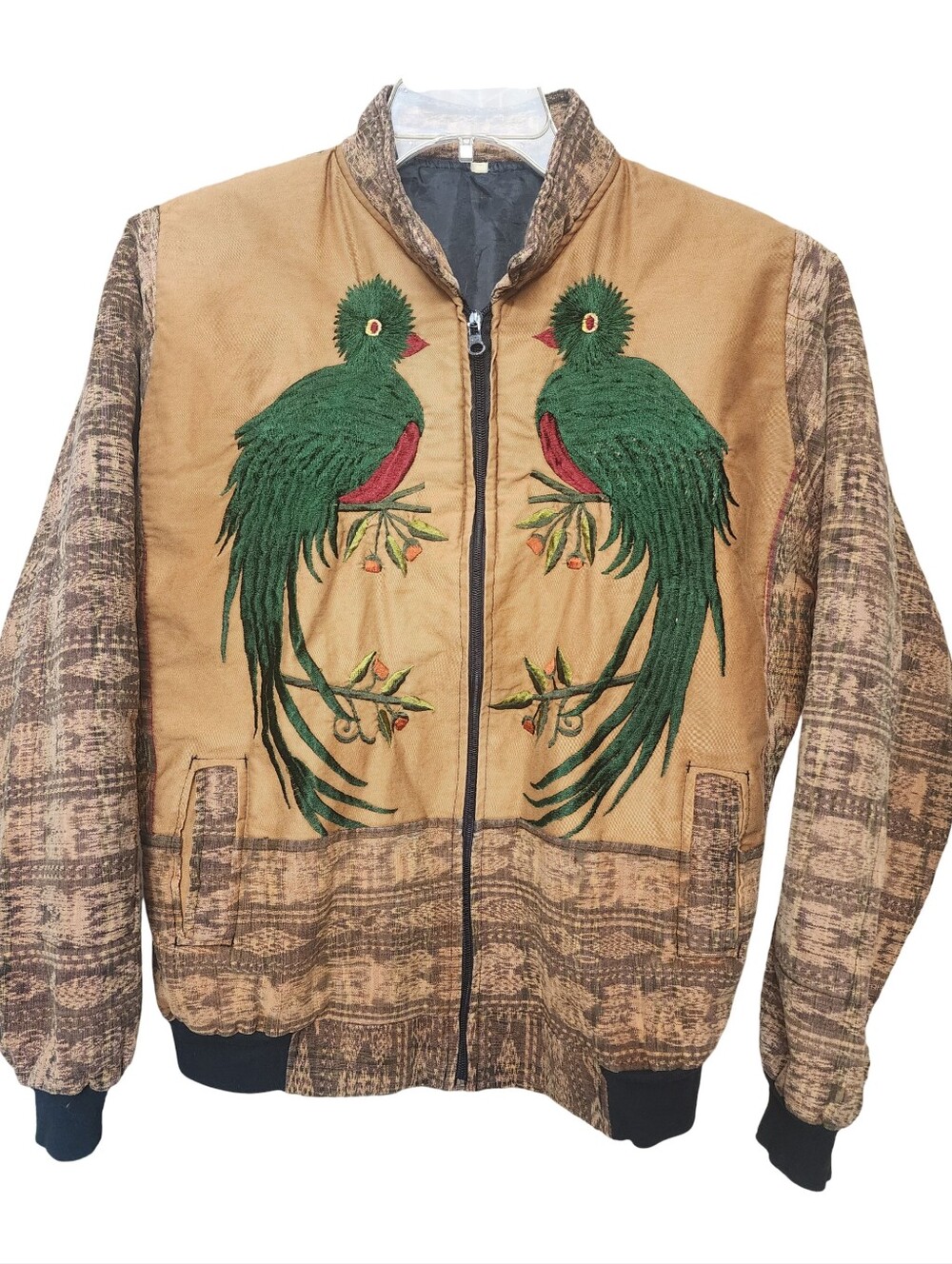 VINTAGE GUATEMALAN Embroidered Quetzal Bird Boho Bomber Jacket Size M Unisex